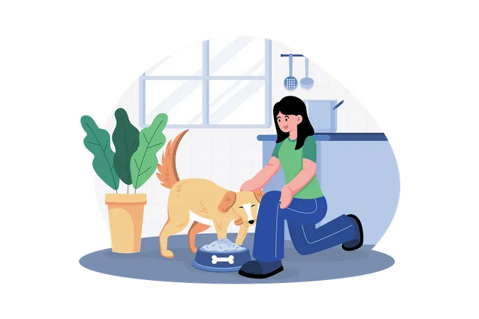 Young Woman Feeding Her Dog  イラスト