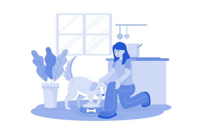 Young Woman Feeding Her Dog  Illustration