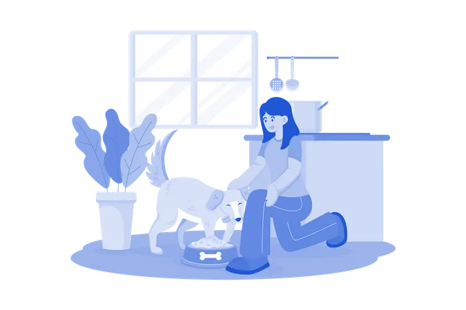 Young Woman Feeding Her Dog Illustration