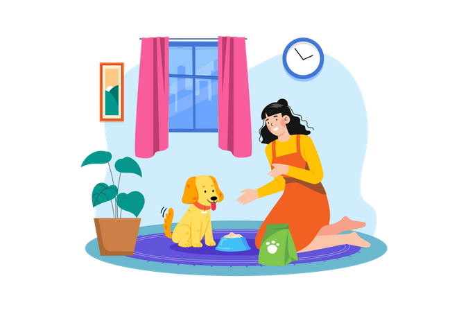 Young woman feeding her dog  Illustration