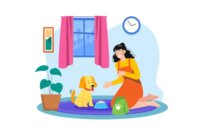 Young woman feeding her dog  Illustration