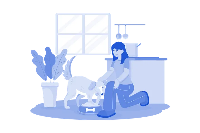 Young Woman Feeding Her Dog  Illustration