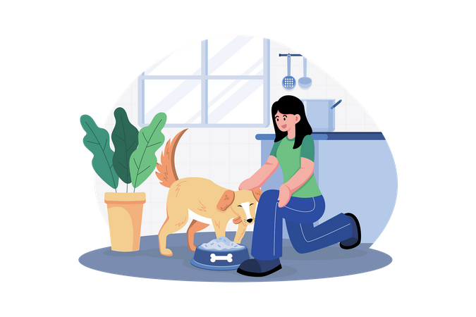 Young Woman Feeding Her Dog  Illustration
