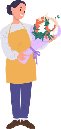 Isolated Young Smiling Woman Florist Cartoon Character Making Beautiful Fresh Flower Bouquet For Selling Standing On White Floristry Shop Female Worker Vector Illustration Creative Profession Illustration