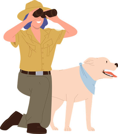 Young woman forest ranger looking through binocular making observation with dog  Illustration