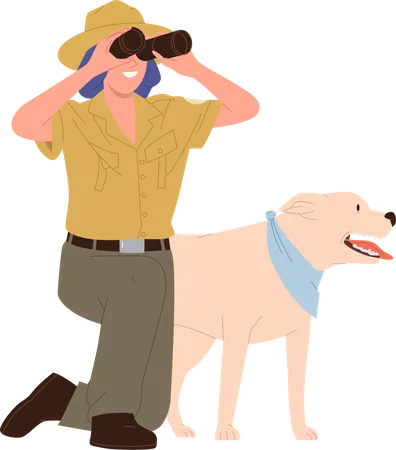 Young woman forest ranger looking through binocular making observation with dog  Illustration