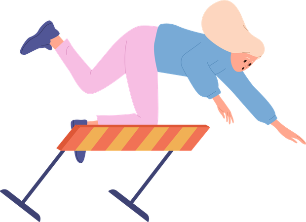 Young woman freelancer falling down while jumping over obstacles participating in business challenge  Illustration