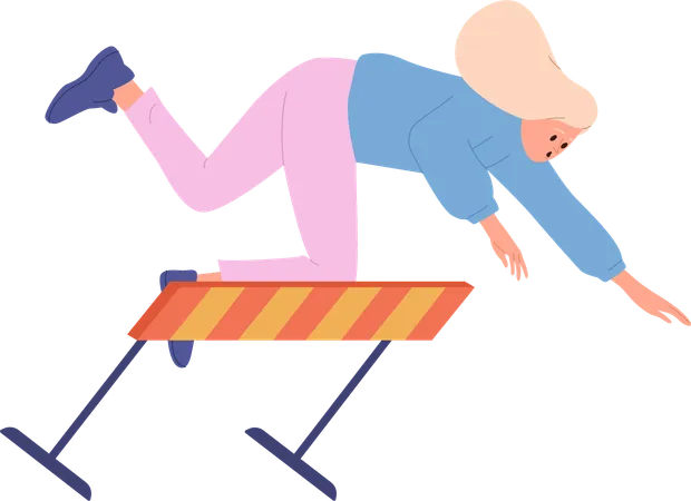 Young Woman Freelancer Cartoon Character Falling Down While Jumping Over Obstacles Participating In Business Challenge Isolated Vector Illustration Career Risk And Difficulties Overcoming Metaphor Illustration