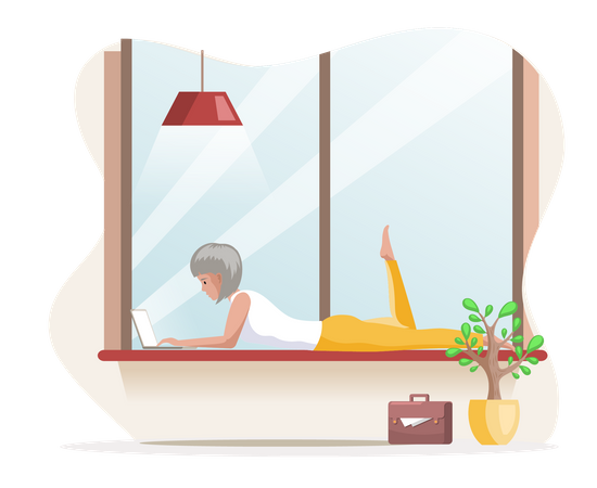 Young woman freelancer working at laptop lying on windowsill  Illustration