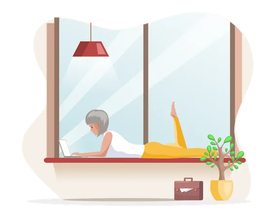 Young woman freelancer working at laptop lying on windowsill  Illustration