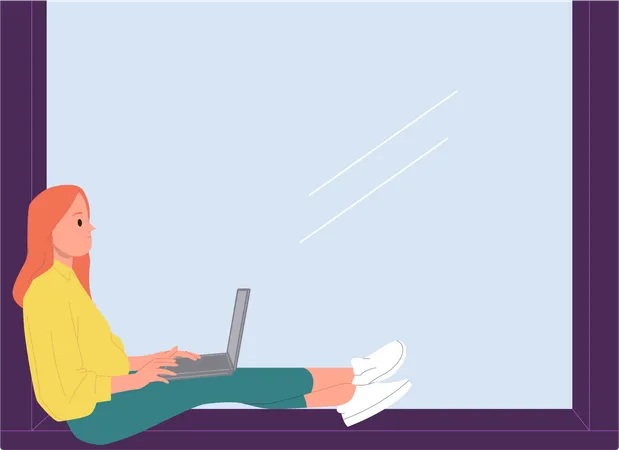 Young woman freelancer working while sitting on windowsill at eco-friendly coworking space  Illustration