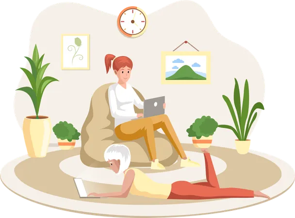 Young woman freelancers working or studying from laptop lying on floor  Illustration