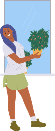 Young woman gardener  demonstrating ripe hot peppers harvest on bush in pot  Illustration