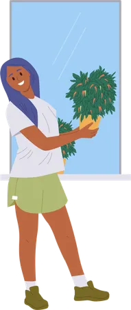 Young woman gardener  demonstrating ripe hot peppers harvest on bush in pot  Illustration