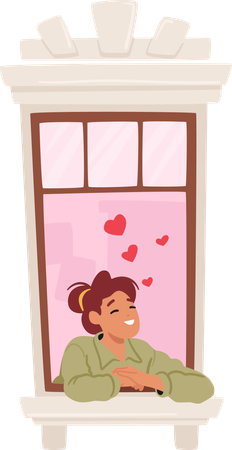 Young woman gazes longingly out of her window with love  イラスト