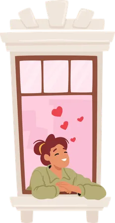 Young woman gazes longingly out of her window with love  イラスト