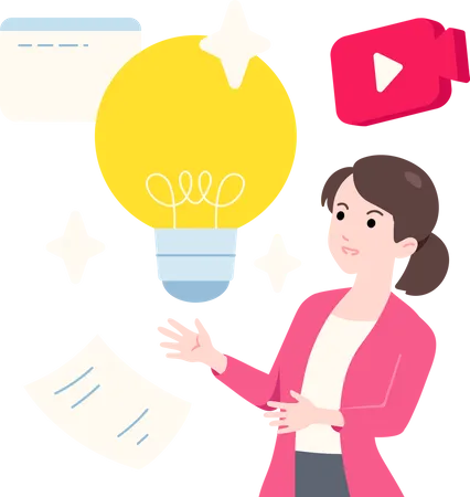 Female Entrepreneur View Light Bulb Idea For Marketing With Icon Web Video Media And Paper Illustration