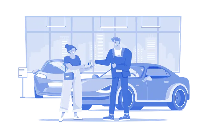 Young woman getting key to a new car  イラスト