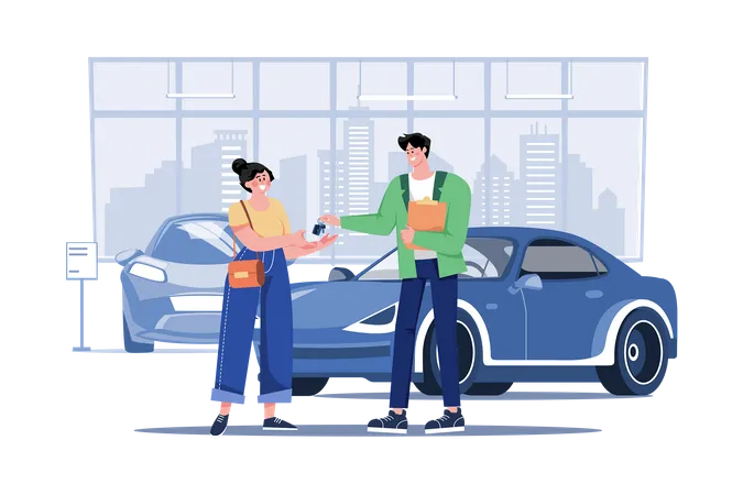 Young Smiling Woman Getting Key To A New Car Illustration