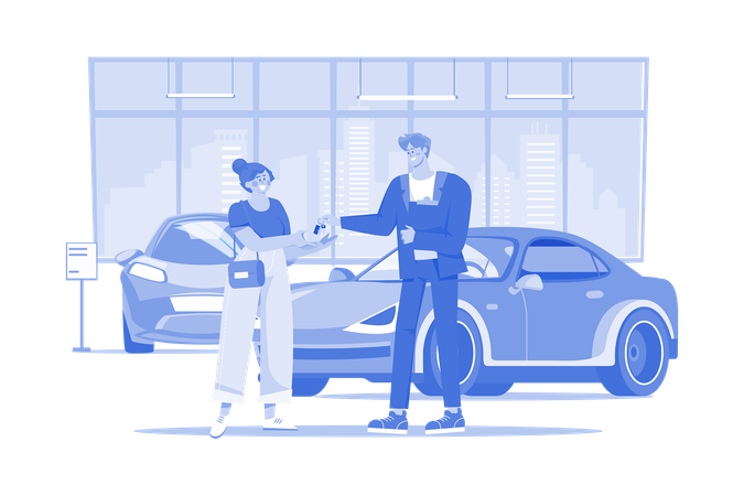 Young woman getting key to a new car  Illustration