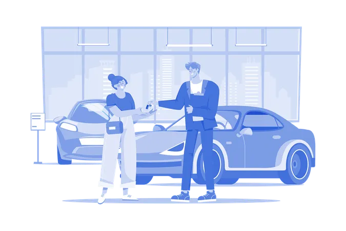 Young woman getting key to a new car  Illustration