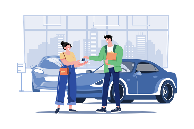 Young woman getting key to a new car  Illustration