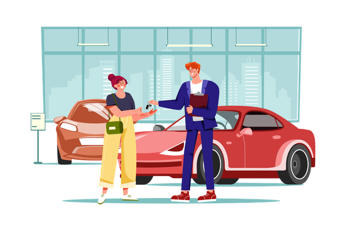 Young woman getting key to a new car  Illustration