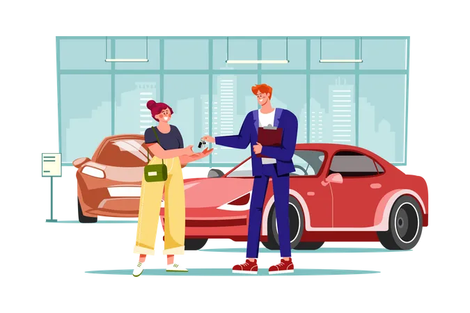 Young woman getting key to a new car  Illustration