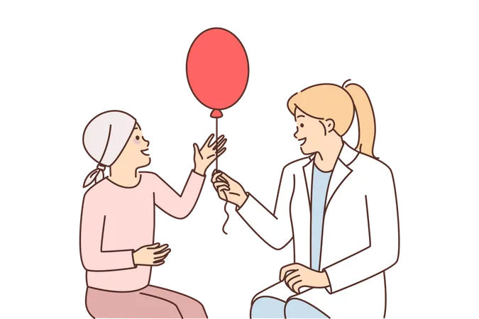 Young woman giving balloon to little girl  Illustration