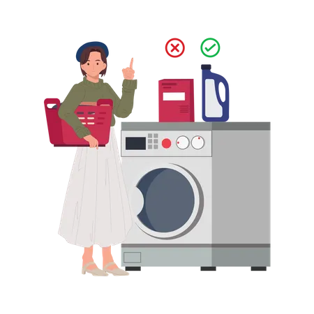 Young woman giving information about washing liquid and washing powder  Illustration