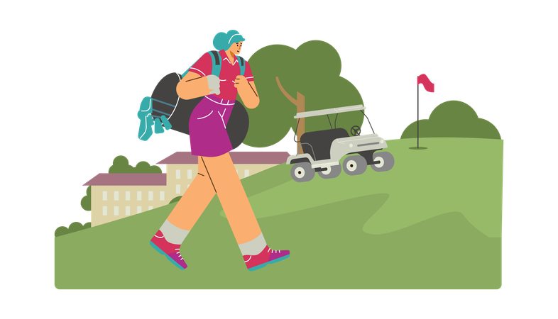 Young woman goes with golf club bag  Illustration