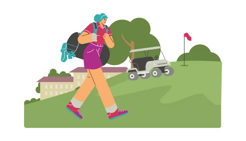 Young woman goes with golf club bag  Illustration