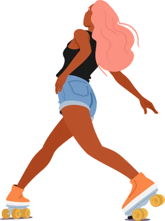 Young Woman Gracefully Glides On Roller Skates Her Movements Fluid And Confident Black Female Character On Rollerblades Spins And Sways With Effortless Elegance Cartoon People Vector Illustration Illustration