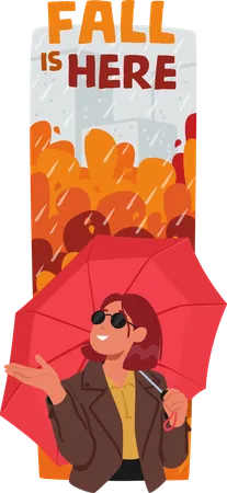 Young Woman Gracefully Stands In Autumn Rain Her Umbrella A Burst Of Color Amid Gray Skies Leaves Fall Creating Picturesque Scene Of Seasonal Serenity Character Cartoon People Vector Banner Illustration