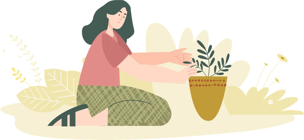 Young woman growing plant in a flower pot  Illustration