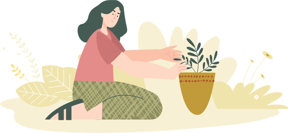 Young woman growing plant in a flower pot  Illustration