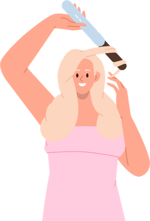 Young woman hairstyling twisting hair using curling iron  Illustration