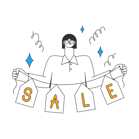 Young woman hangs banner advertising sale  Illustration