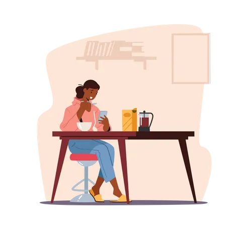 Young Woman Or Teenager Having Breakfast With Smartphone In Hands Girl Looking On Phone Screen Writing Messages In Internet Gadget Addiction Cellphone Communication Cartoon Vector Illustration Illustration
