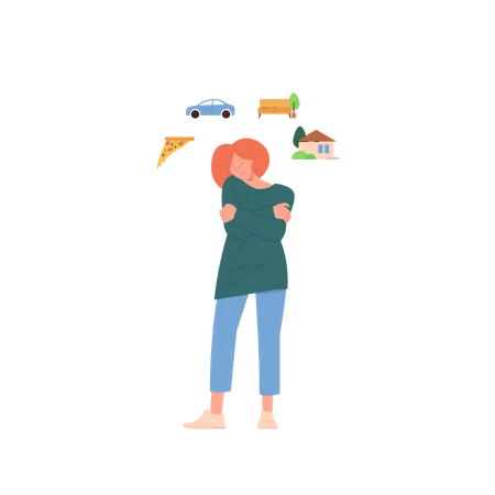 Basic Human Needs Vector Illustration Of Young Woman Cartoon Character Having Comfort As Best Moral And Psychological Value In Life Comfortable House And Car Healthy Eating And Rest For Wellness 일러스트레이션