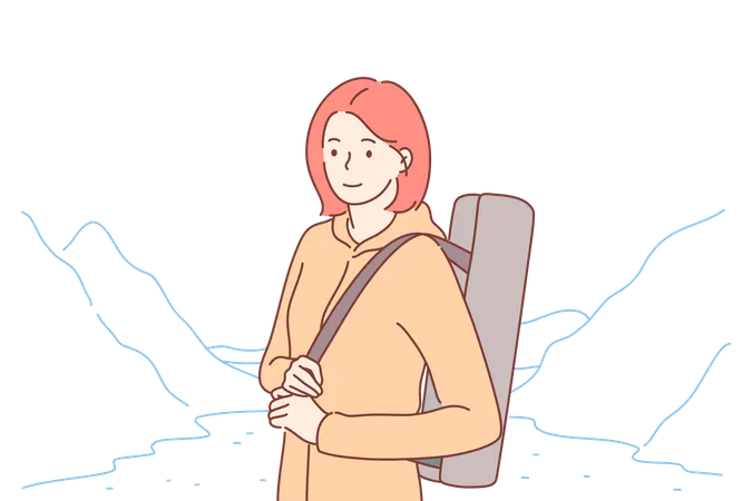 Young woman hiker tourist with backpack standing in mountain valley  イラスト