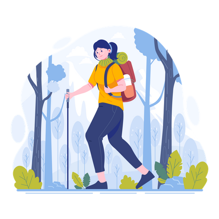 Young woman hiking a mountain  Illustration