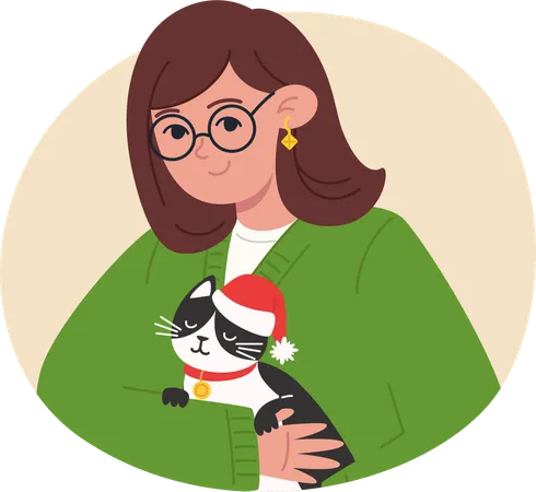 Young woman holding a black and white cat in santa hat in her arms  Illustration