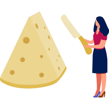 Young woman holding a knife to cut cheese  Illustration