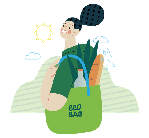 Young woman holding a reusable grocery bag Illustration