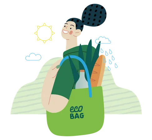 Ecology Eco Bag Modern Flat Vector Concept Illustration Of A Young Woman Holding A Reusable Grocery Bag Creative Landing Web Page Template Illustration