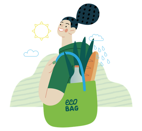 Young woman holding a reusable grocery bag  Illustration