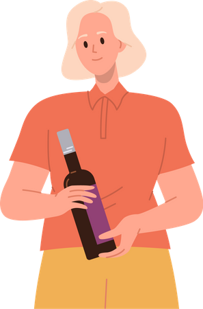 Young woman holding bottle of wine  Illustration