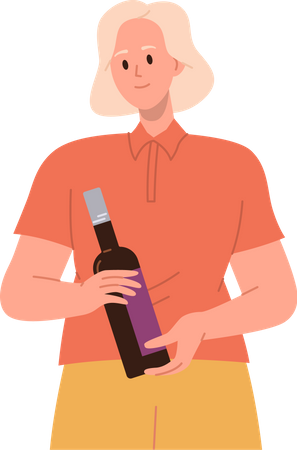 Young woman holding bottle of wine  Illustration