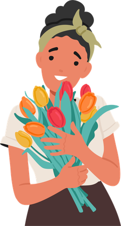 Young Woman Holding Bouquet Of Tulip Flower  Illustration